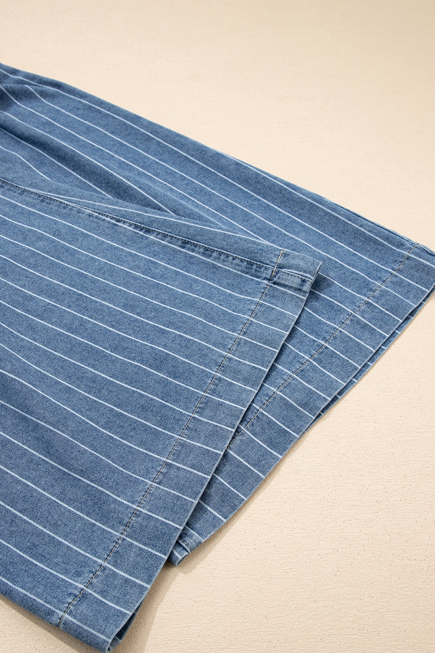 Sky Blue Stripe Button Pleated Drawstring Waist Casual Wide Leg Jeans