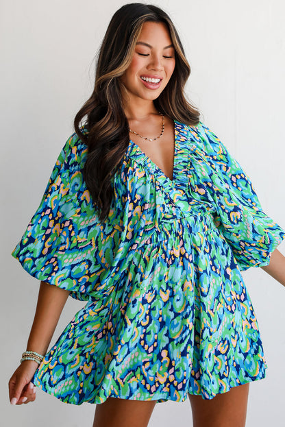 Abstract Print Dolman Sleeve V Neck High Waist Romper