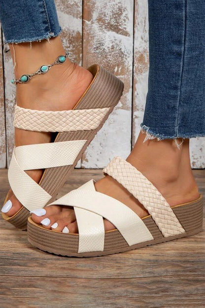 Beige Braided Detail Criss Cross Platform Sandals - Cowaa