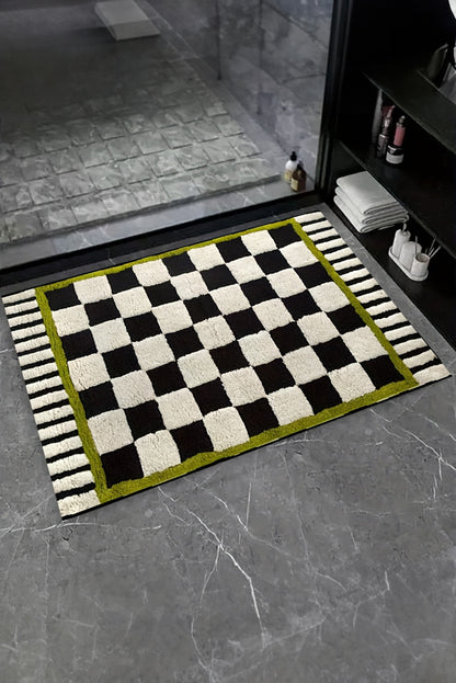Spinach Green Checkered Striped Fluffy Colorblock Entrance Mat