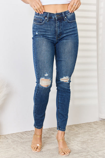 Judy Blue Full Size Mid Waist Distressed Slim Jeans - Cowaa