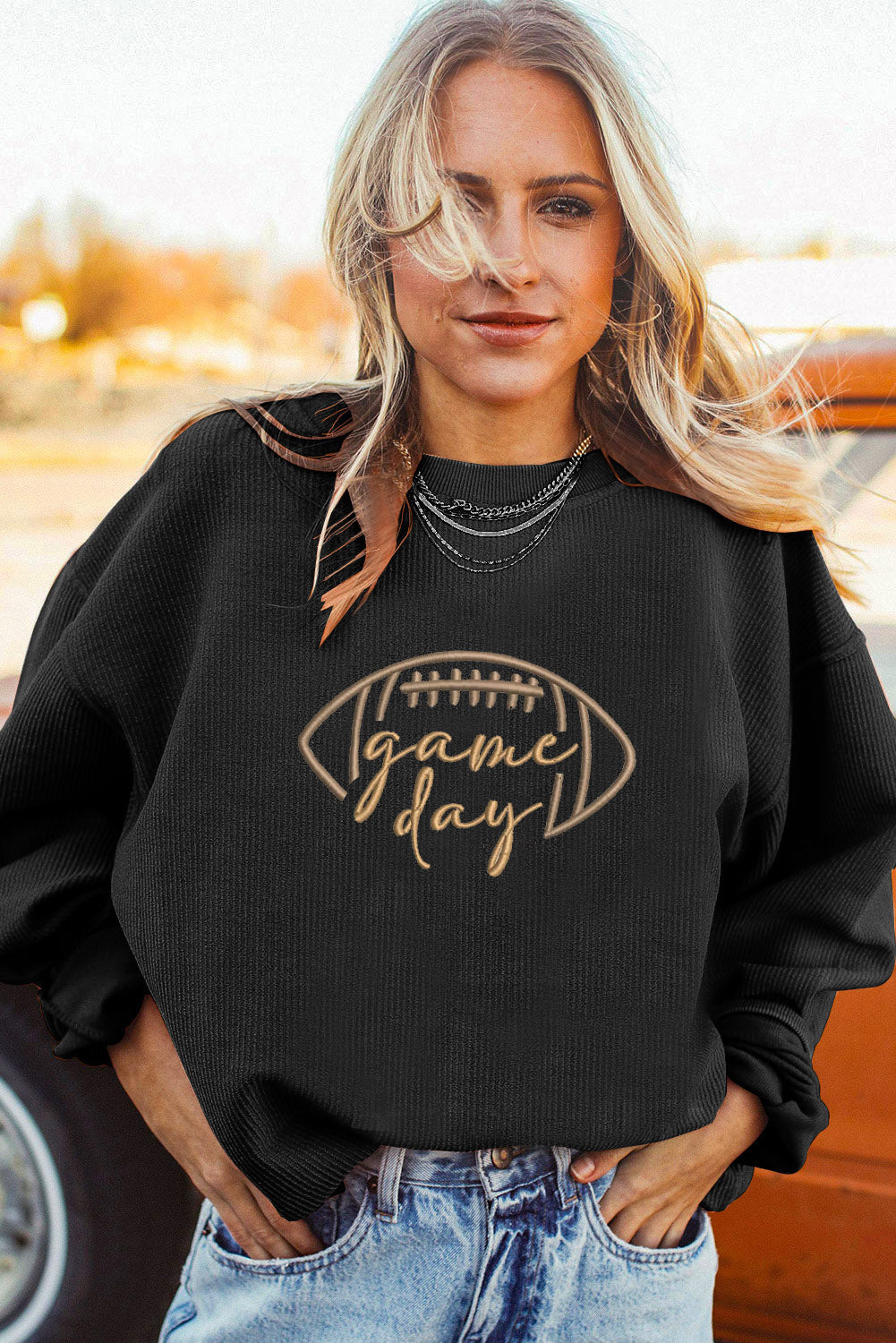 Black Rugby Game Day Embroidered Corduroy Sweatshirt - Cowaa