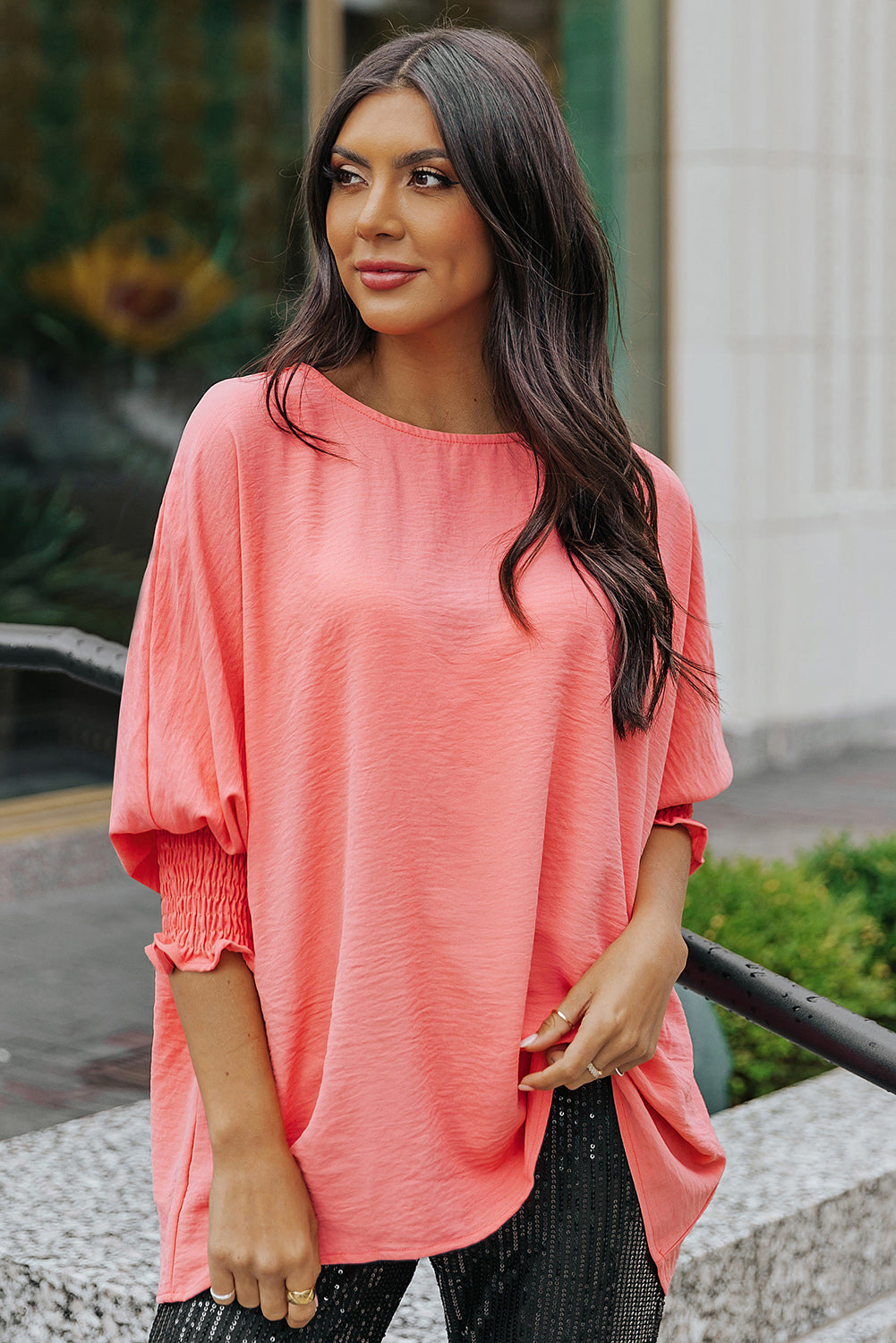 Apricot Solid Casual Smocked Cuffs Batwing Sleeve Blouse - Cowaa