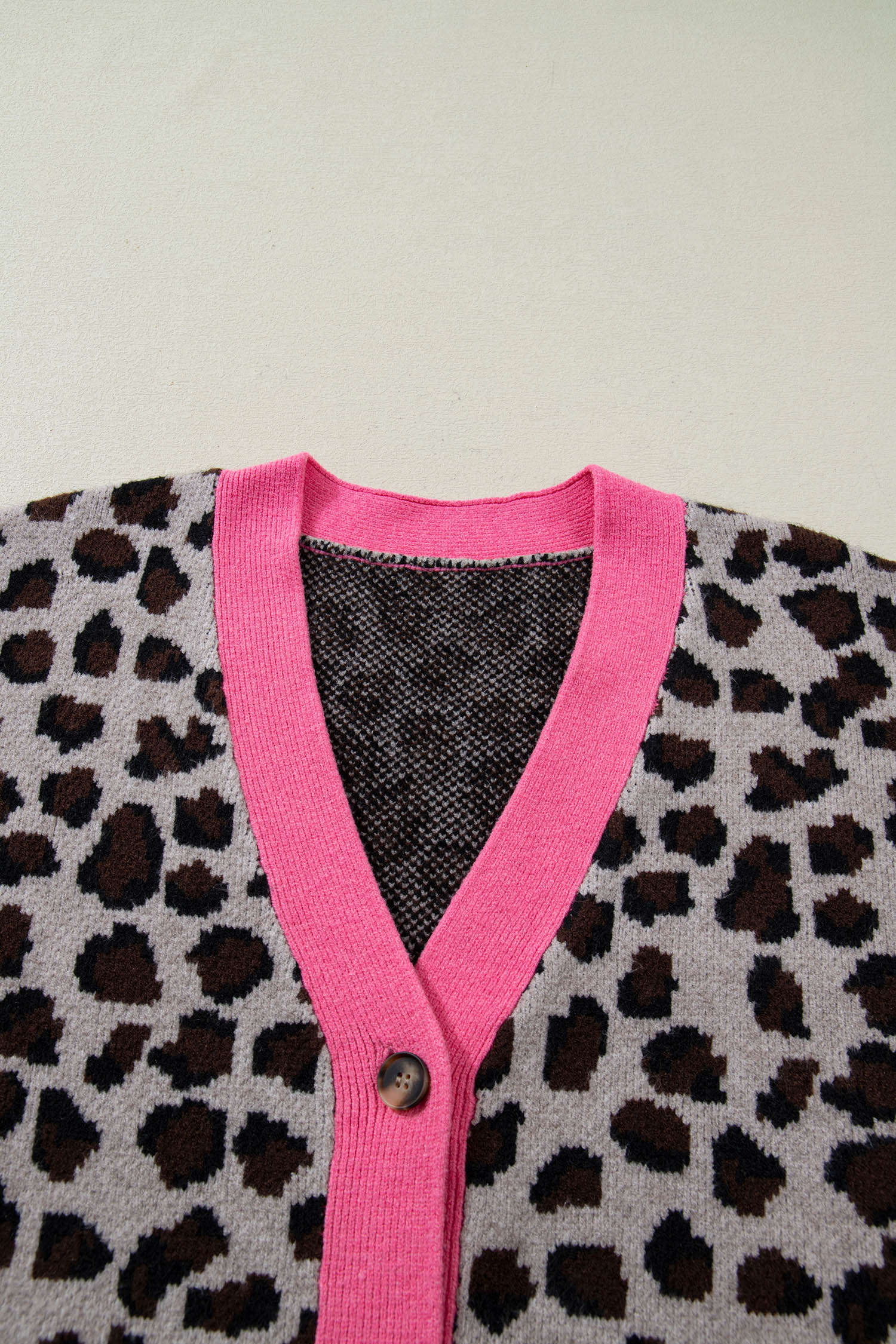 Khaki Oversize Color Block Trim Button Down Leopard Print Cardigan - Cowaa