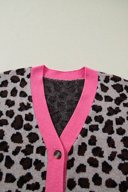 Khaki Oversize Color Block Trim Button Down Leopard Print Cardigan - Cowaa