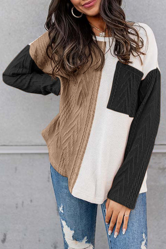 Long Sleeve Colorblock Chest Pocket Textured Knit Top - Cowaa