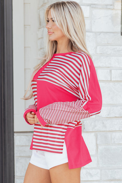 Pink Stripe Color Block Patchwork Drop Shoulder Long Sleeve Tunic Top - Cowaa