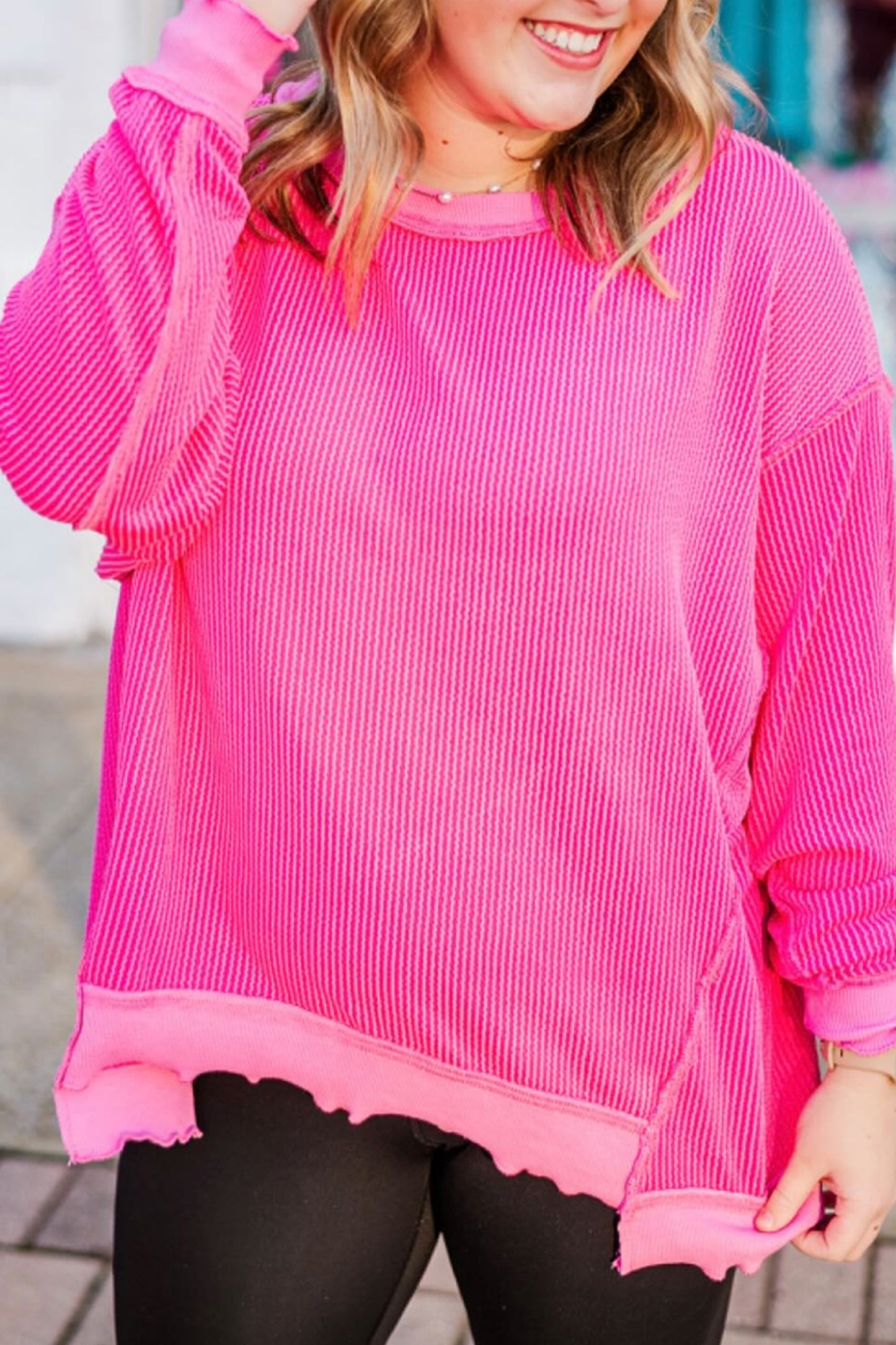 Rose Red Drop Shoulder Uneven Hem Plus Size Twisted Rib Top - Cowaa