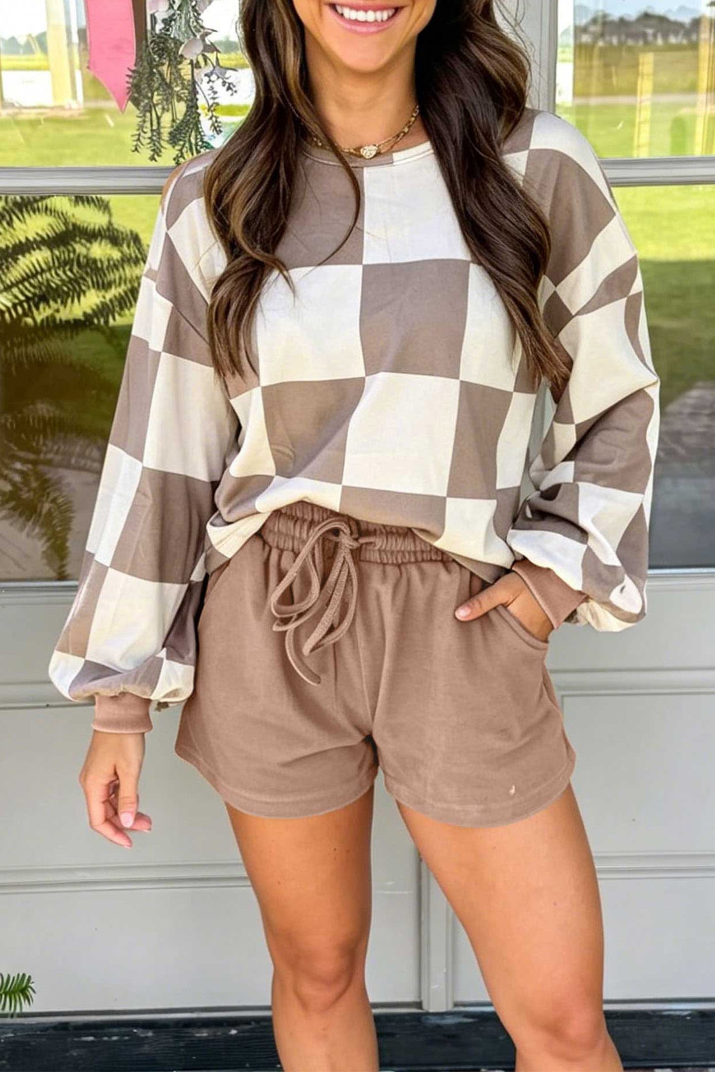 Black Checkerboard Plaid Long Sleeve Solid Color Shorts 2pcs Set