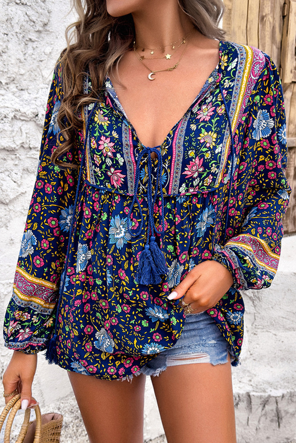 Blue Bohemian Floral Print Tassel Tie Front Long Sleeve Blouse - Cowaa