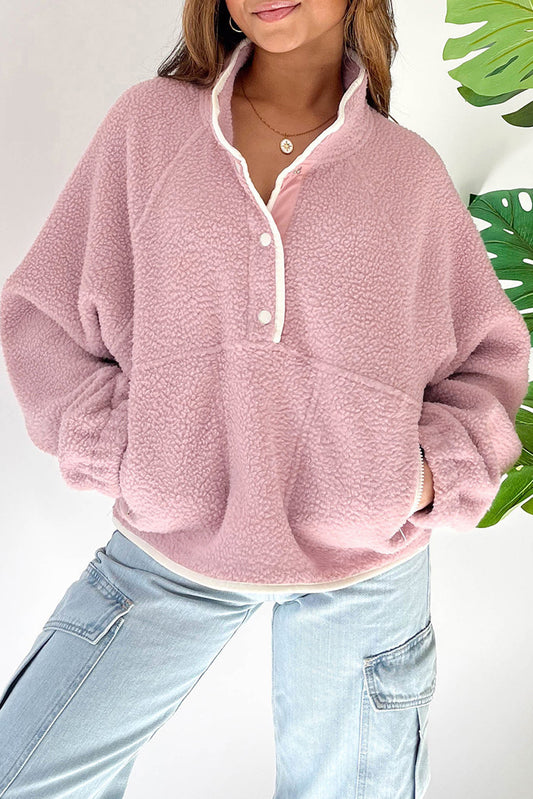Fushia High Collar Long Sleeve Pullover Sweatshirt - Cowaa