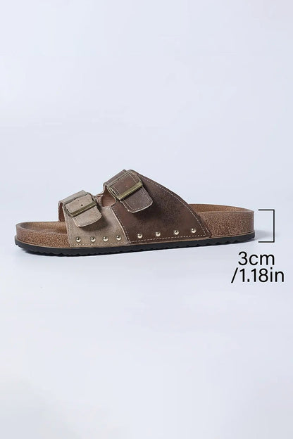 Color black Leopard Two-tone Retro Buckle Straps Hollowed Faux Suede Slippers