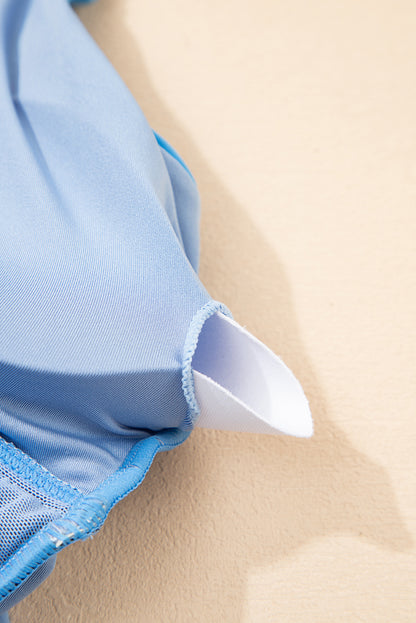 Beau Blue Ric Rac Trim Contrasted Patchwork Cutout One Piece Swimsuit - Cowaa