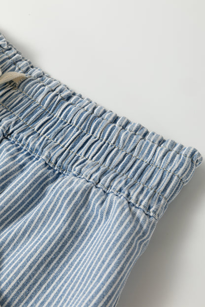 Sky Blue Stripe Raw Edge Drawstring Elastic Waist Casual Denim Shorts - Cowaa