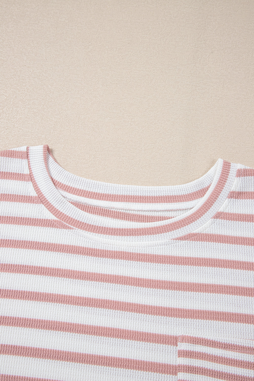 Pink Stripe Waffle Knit Pocket Half Sleeve Plus Size T Shirt