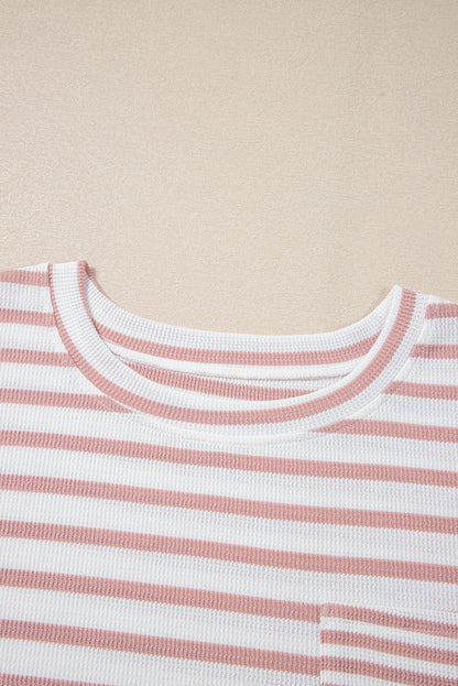Pink Stripe Waffle Knit Pocket Half Sleeve Plus Size T Shirt