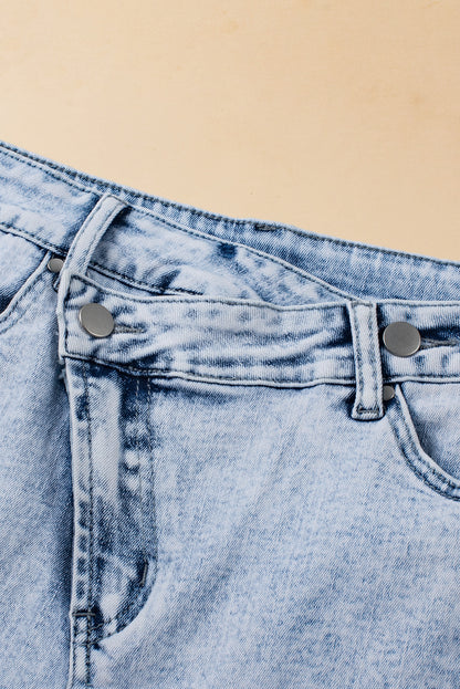 Light Blue Acid Wash Crossed Raw Edge Denim Shorts - Cowaa