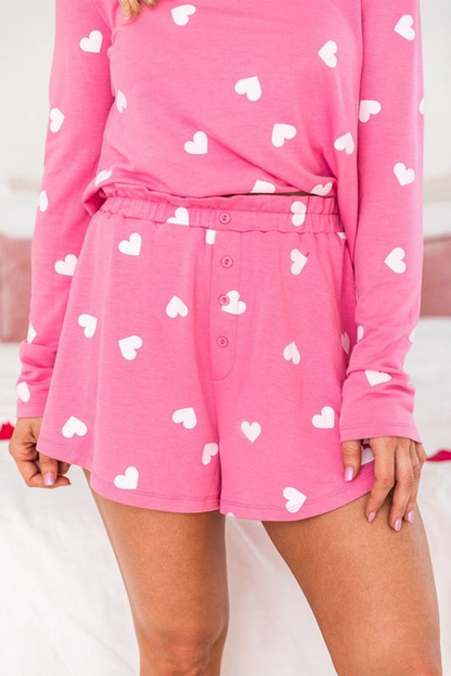 Pink Valentine Heart Print Long Sleeve Top and Shorts Pajama Set - Cowaa