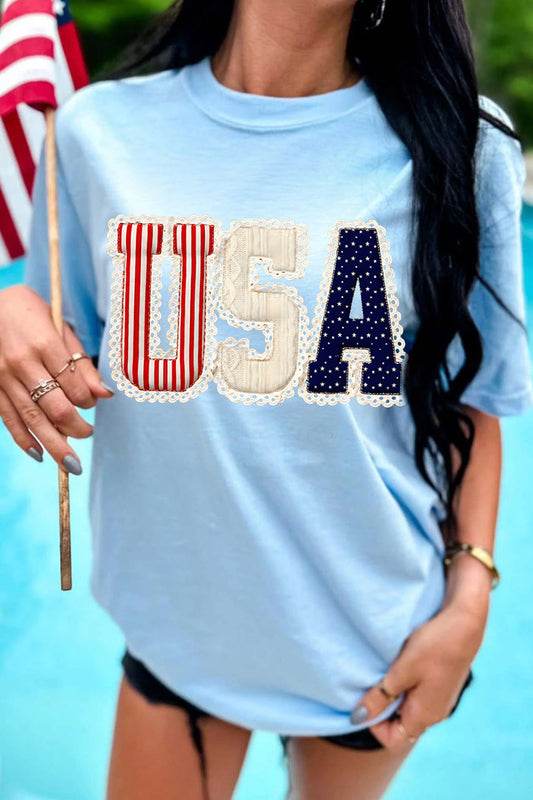 Light Blue USA Patriotic Printed T Shirt - Cowaa