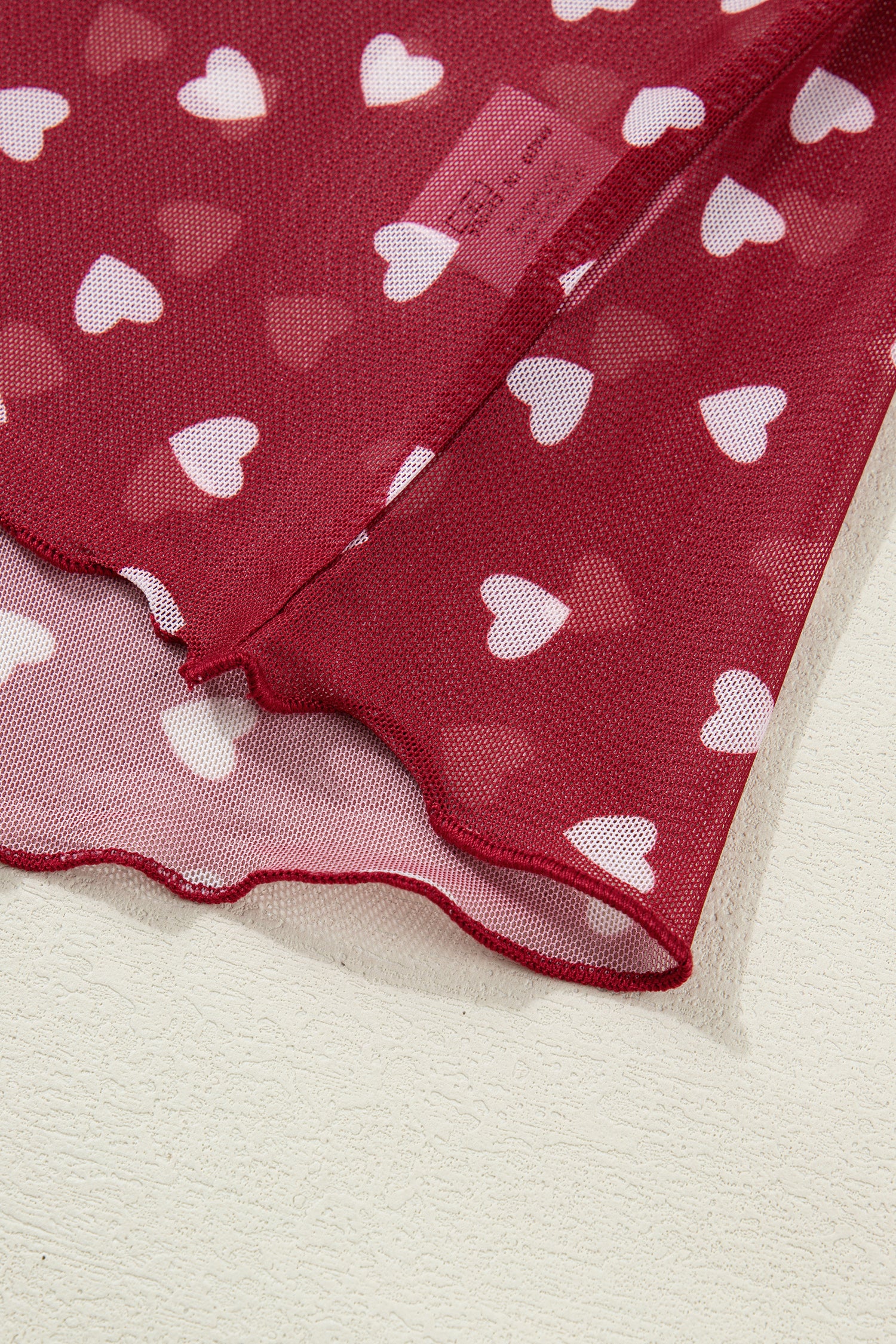 Racing Red Allover Heart Print Mesh Short Sleeve Top - Cowaa