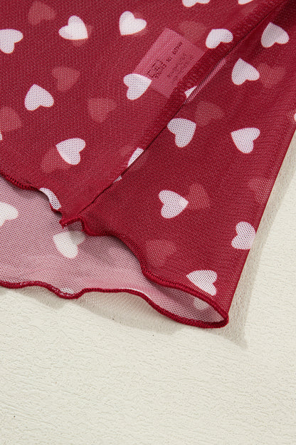 Racing Red Allover Heart Print Mesh Short Sleeve Top - Cowaa