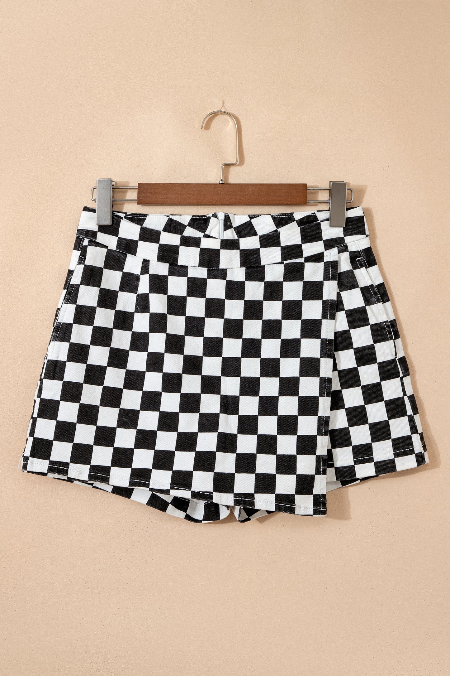 Black Checkered Print Overlap Denim Shorts - Cowaa