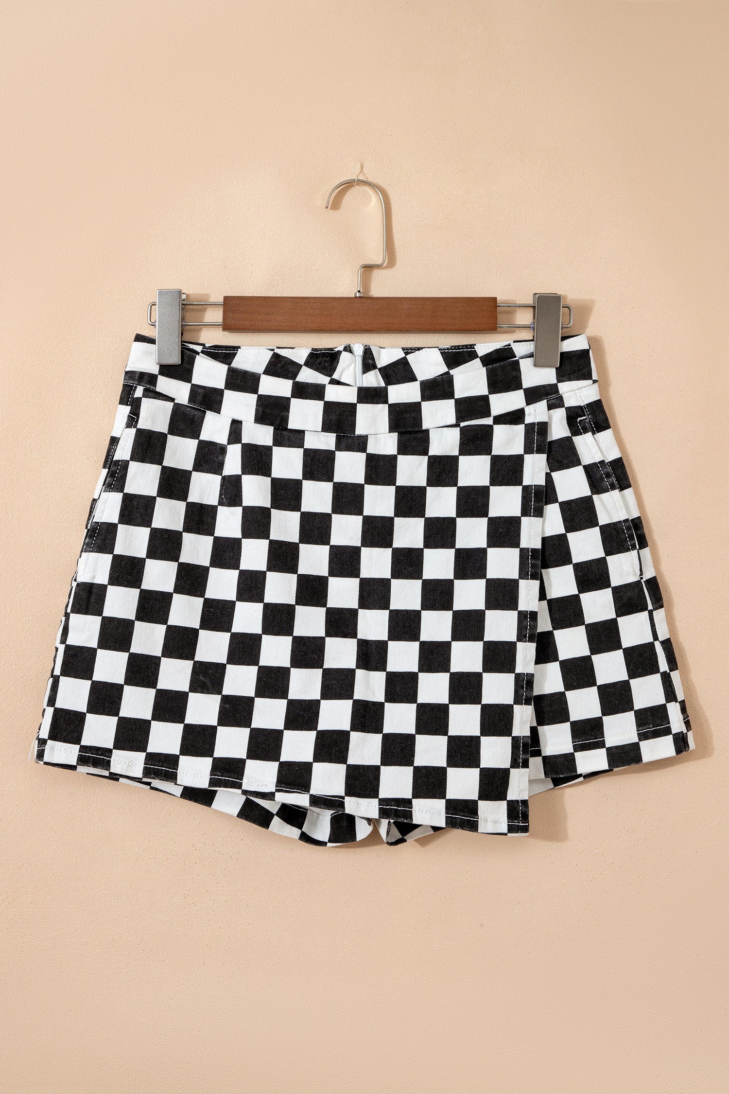 Black Checkered Print Overlap Denim Shorts - Cowaa