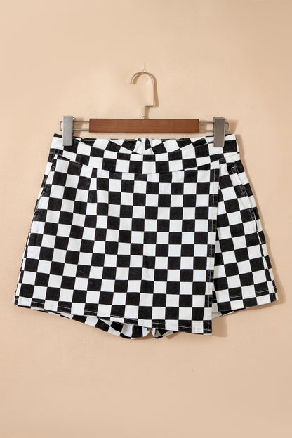 Black Checkered Print Overlap Denim Shorts - Cowaa