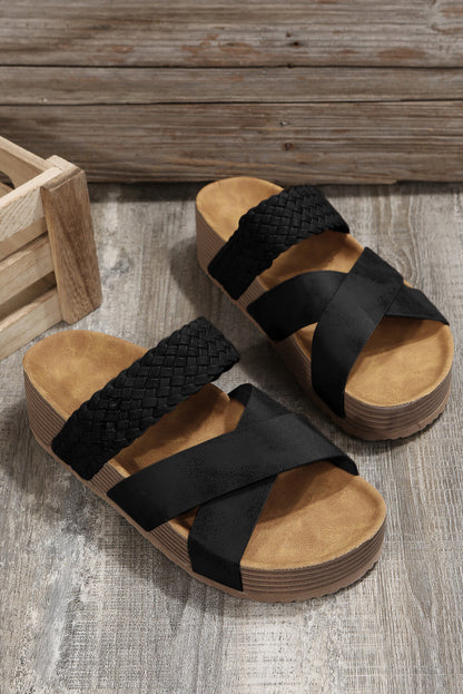 Beige Braided Detail Criss Cross Platform Sandals - Cowaa