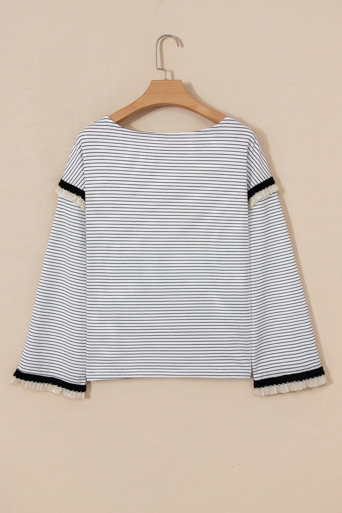 White Stripe Contrasted Ruffle Trim Loose Long Sleeve Top - Cowaa