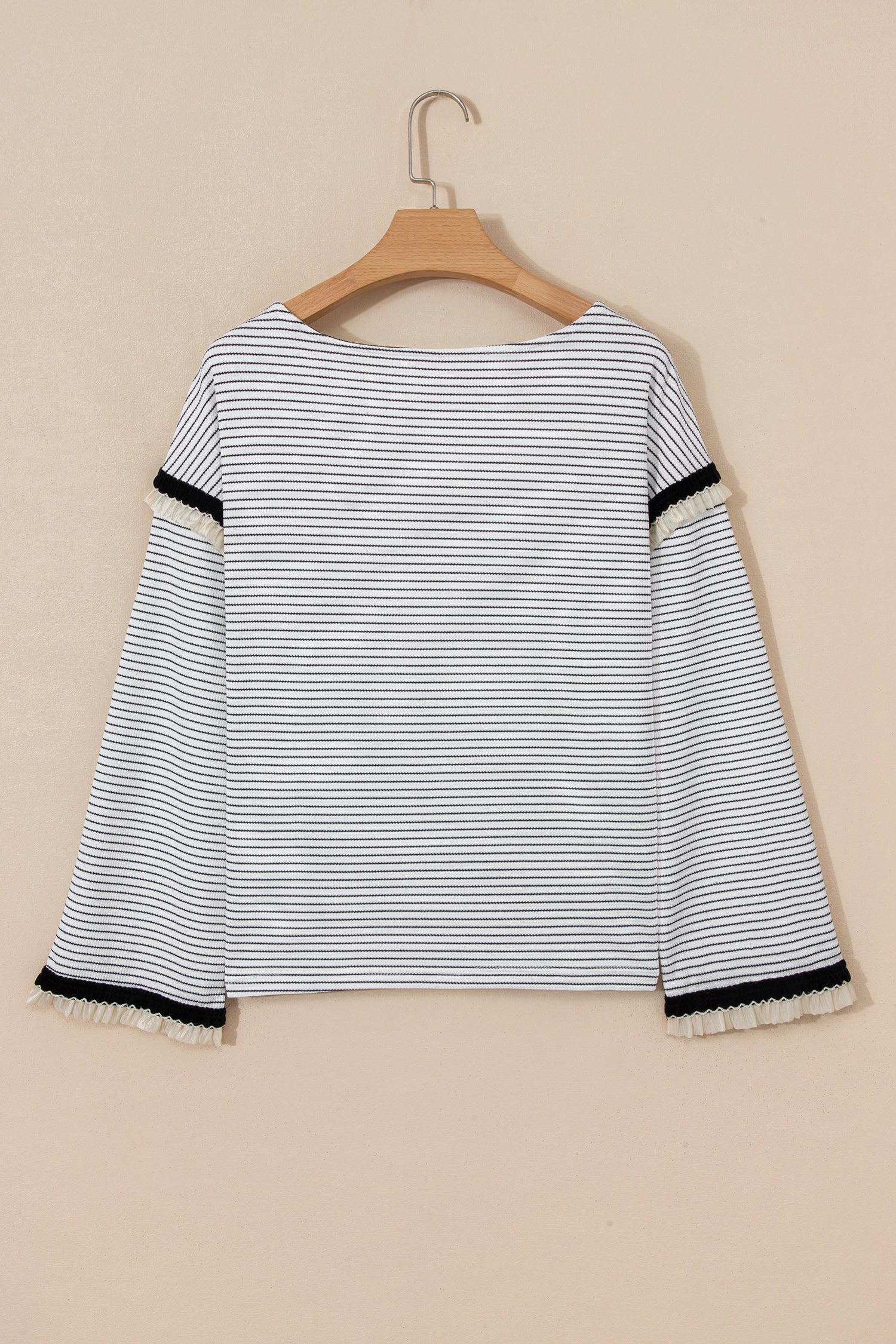 White Stripe Contrasted Ruffle Trim Loose Long Sleeve Top - Cowaa