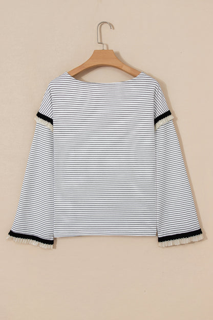 White Stripe Contrasted Ruffle Trim Loose Long Sleeve Top - Cowaa