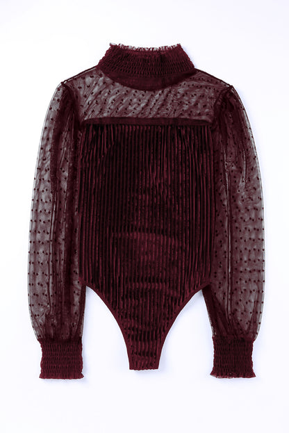 Sheer Dotty Puff Sleeve Ribbed Velvet Bodysuit - Cowaa