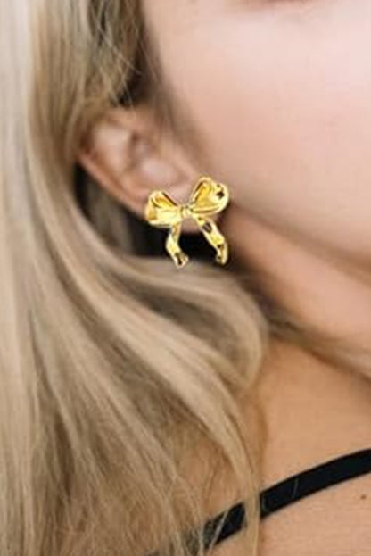 Gold Elegant Ribbon Bow Shape Stud Earrings - Cowaa