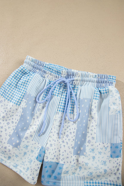 Green Patchwork Floral Print Drop Shoulder Baggy Pullover Drawstring Shorts Set