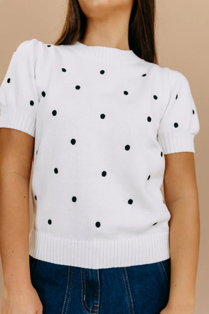 White Elegant Polka Dot Bubble Short Sleeve Sweater - Cowaa