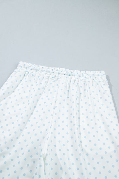 Light Blue Polka Dot Patchwork Colorblock Long Sleeve Casual Two Piece Pants Set