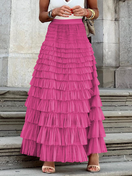 Mesh Flared Layered Hem Midi Skirt High Waist Pleated A Line - Cowaa
