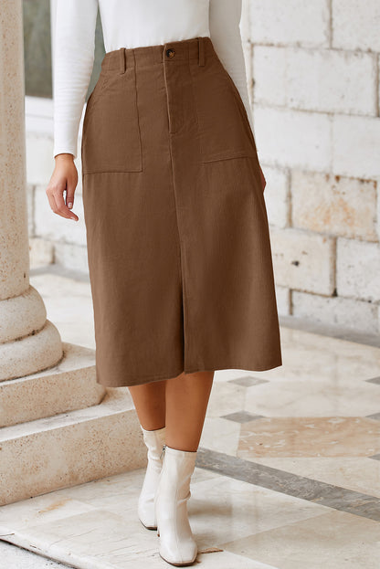 Coffee Front Slit Shift High Waist Midi Skirt