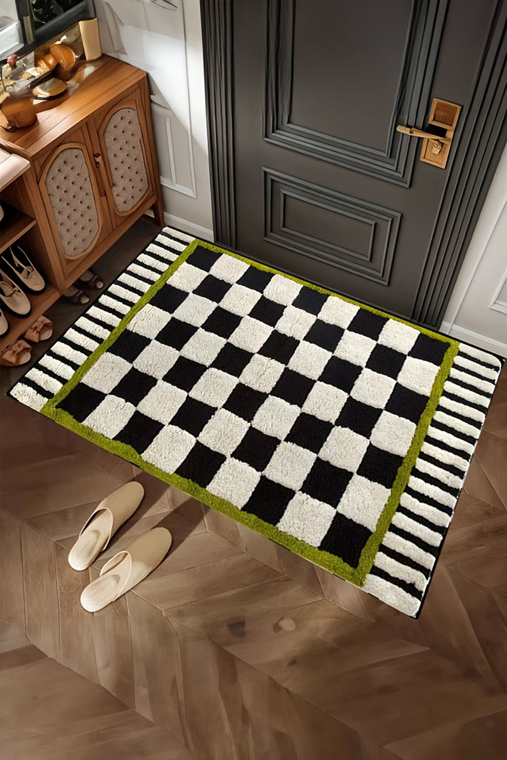 Spinach Green Checkered Striped Fluffy Colorblock Entrance Mat