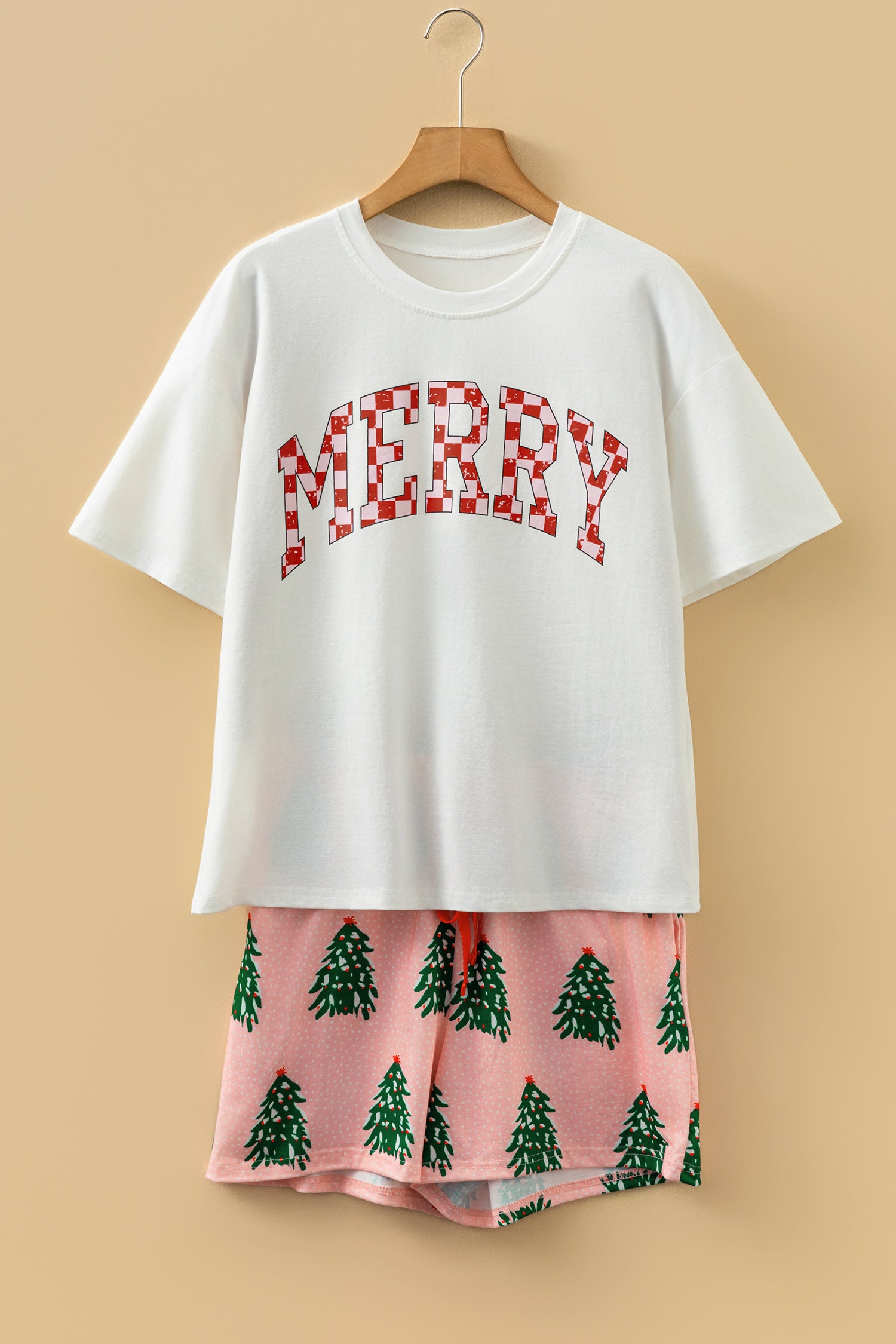 Pink Checkered MERRY Graphic Christmas Tree Print Short Lounge Set - Cowaa