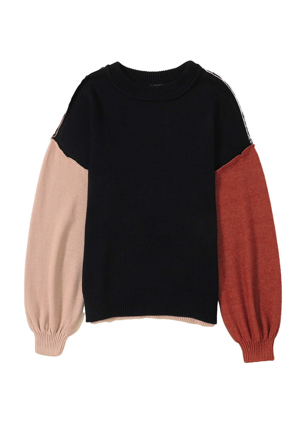 Bishop Sleeve Exposed Seam Ribbed Trim Sweater - Cowaa