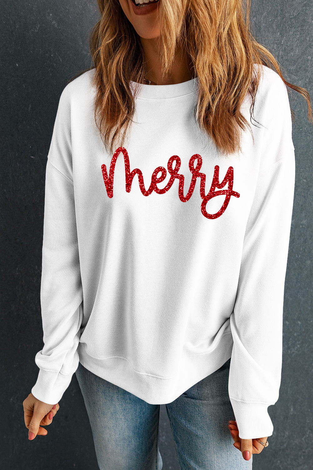 Beige Glitter Merry Graphic Transfer Vinyl Process Crew Neck Sweatshirt - Cowaa