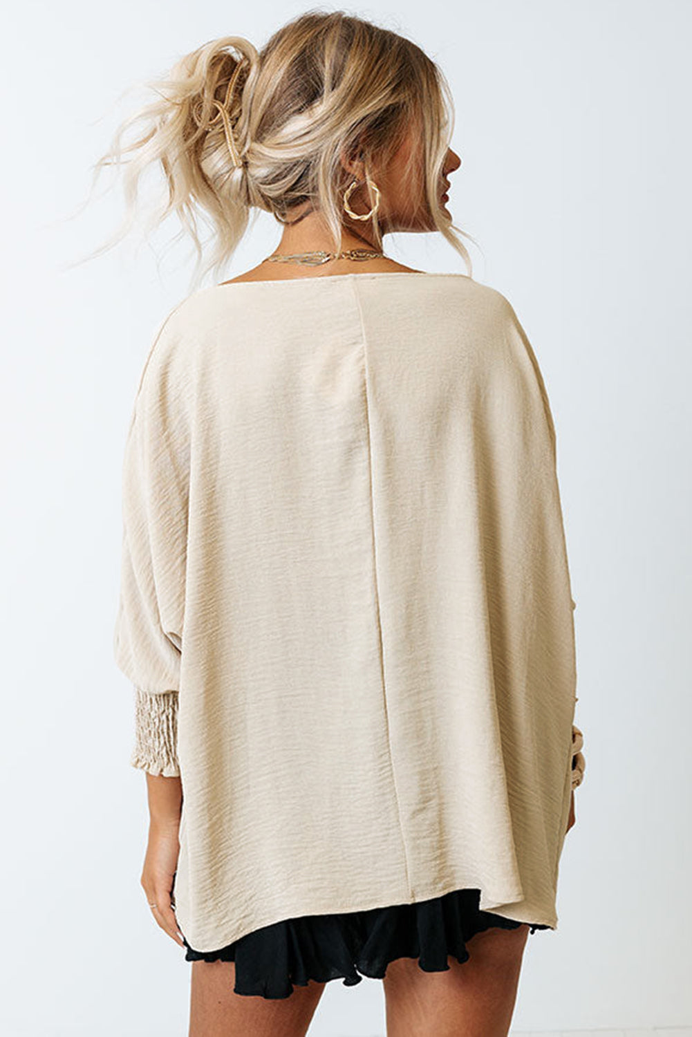 Apricot Solid Casual Smocked Cuffs Batwing Sleeve Blouse - Cowaa