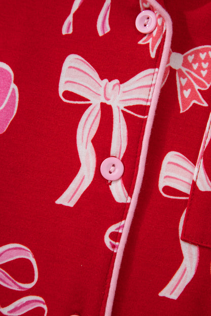 Red Sweet Bow Print Ruffled Short Sleeve Shirt Shorts 2pcs Pajama Set - Cowaa