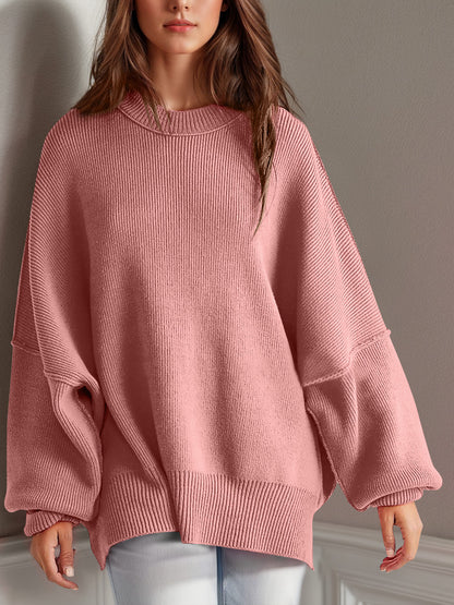 Double Take Side Slit Round Neck Long Sleeve Sweater - Cowaa