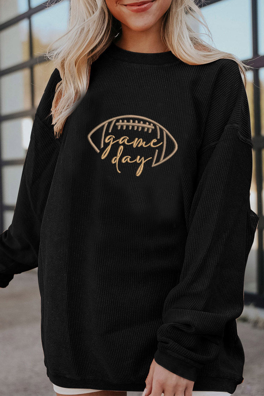 Black Rugby Game Day Embroidered Corduroy Sweatshirt - Cowaa