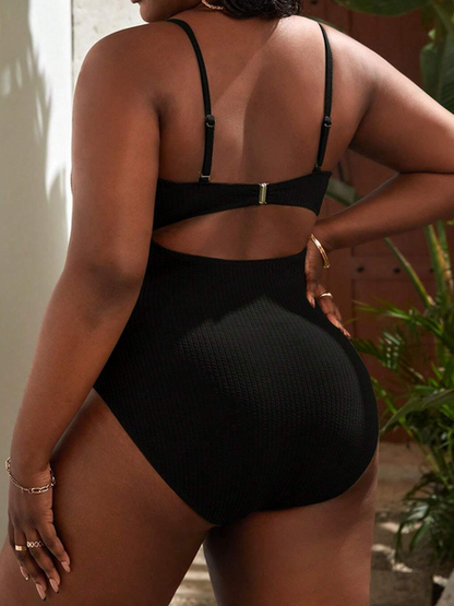 Plus Size Black Ruched One Piece - Cowaa