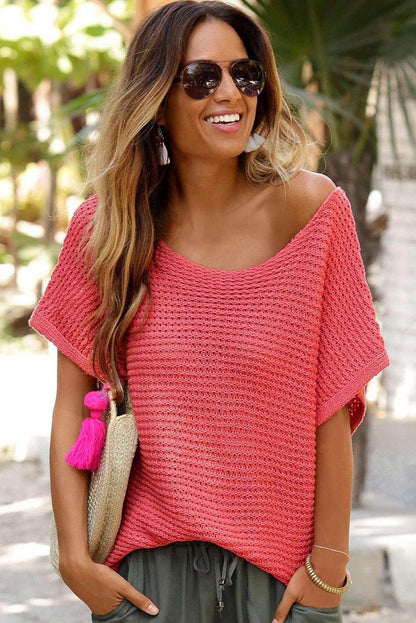 Pink Plain Knit Loose Batwing Sleeve Blouse - Cowaa