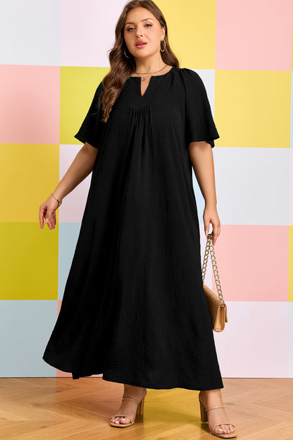 Black Plus Size Solid Color Notched Neck Short Sleeve Loose Dress - Cowaa